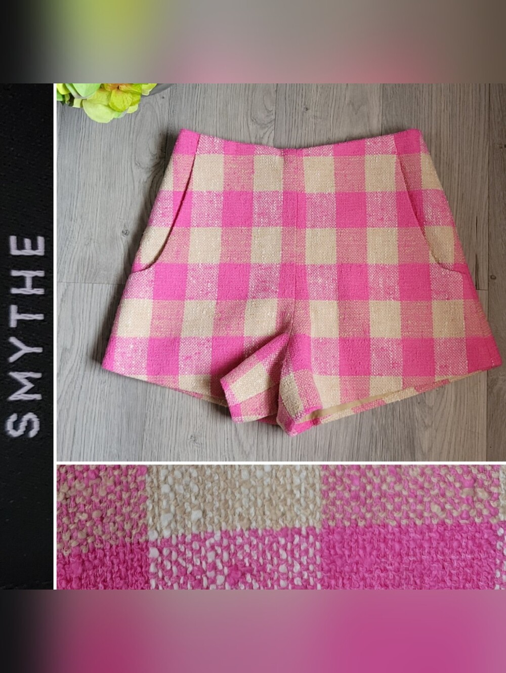 Smythe Bubblegum Check Pink & Cream Tweed Gingham High-Waist Tap Short, US 0/25